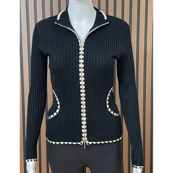 Cache Women's S Black Sweater 100% Silk Cardigan Ribbed Knit Stretch Y2K Zip - Picture 1 of 8